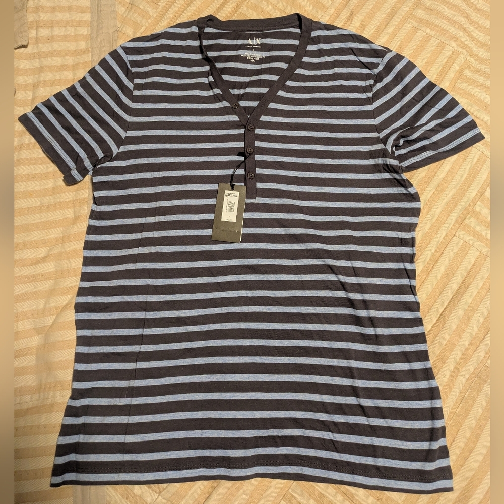 Armani Exchange Gray and Light Blue Striped Henley Tee. NWT, Size L
